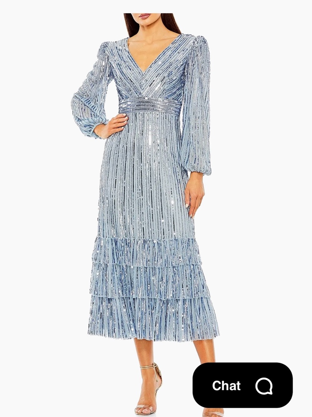 Mac Duggal Powder Blue Sequin V-Neck Tiered Midi Dress